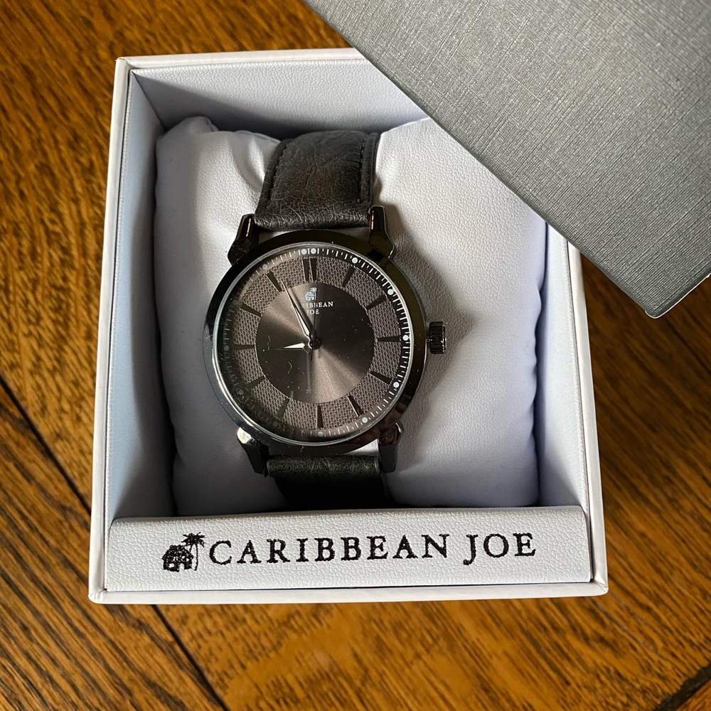 Caribbean Joe Men’s Watch Gunmetal Gray Etched Dial Black Vegan Leather Band NEW